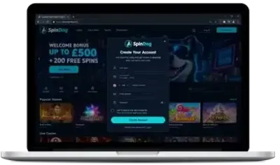 SpinDog casino lobby on a laptop